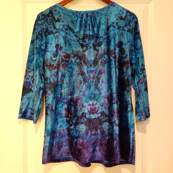 One World Velvet Tunic Top Blouse 3/4 Sleeve Blue Turquoise Medium M Boho Sequin - Picture 9 of 13